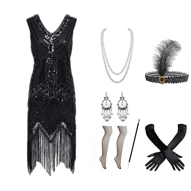 Women 1920s Flapper Dress Set  - Women Accessories Kit ulasan dan harga
