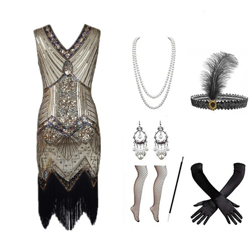 Women 1920s Flapper Dress Set  - Women Accessories Kit ulasan dan harga