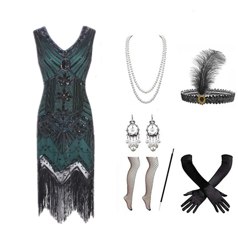 Women 1920s Flapper Dress Set  - Women Accessories Kit ulasan dan harga